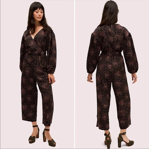 kate spade Pants - Kate Spade Disco Dots Jumpsuit Size 0 Long Sleeve Polka Black Wrap Front 6465